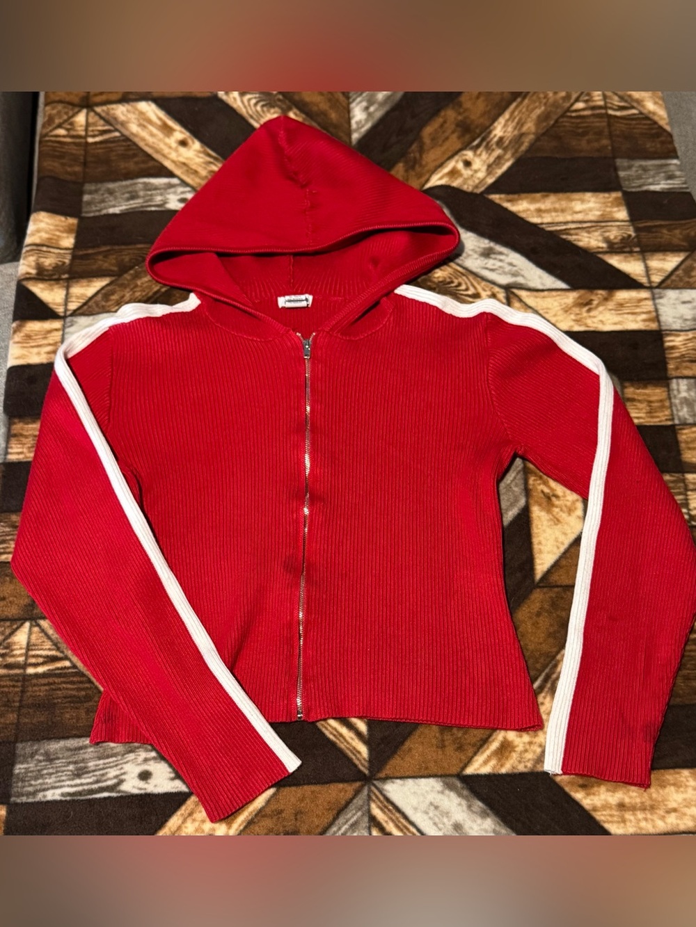 Rue21 Red Ribbed Hooded Zip-Up Sweater with White Stripes